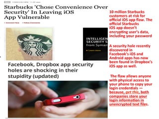 10 
million 
Starbucks 
customers 
at 
risk 
for 
official 
iOS 
app 
flaw. 
The 
official 
Starbucks 
iOS 
app 
doesn’t 
encryp=ng 
user’s 
data, 
including 
your 
password 
A 
security 
hole 
recently 
discovered 
in 
Facebook’s 
iOS 
and 
Android 
apps 
has 
now 
been 
found 
in 
Dropbox’s 
iOS 
app 
as 
well. 
The 
flaw 
allows 
anyone 
with 
physical 
access 
to 
your 
phone 
to 
copy 
your 
login 
creden=als 
— 
because, 
get 
this, 
both 
companies 
store 
your 
login 
informa=on 
in 
unencrypted 
text 
files. 
 