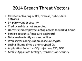 2014 
Breach 
Threat 
Vectors 
• Resisted 
ac5va5ng 
of 
IPS, 
Firewall, 
out-­‐of-­‐date 
an5virus 
• 3rd 
party 
vendor 
security 
• Credit 
card 
data 
not 
encrypted 
• Unrestricted 
employee 
laptop 
access 
to 
work 
& 
home 
• Service 
accounts 
/ 
Insecure 
password 
• Data 
inadvertently 
exposed 
online 
• Web 
server 
configura5on, 
insecure 
crypto 
• Losing 
Thumb 
drive 
/ 
unencrypted 
CD 
• Applica5on 
Security 
-­‐ 
SQL 
Injec5on, 
XSS, 
DOS 
• Mobile 
Apps 
Data 
Leakage, 
transmission 
security 
 
