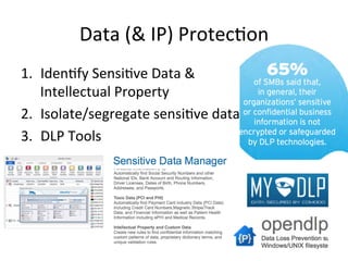 Data 
(& 
IP) 
Protec5on 
1. Iden5fy 
Sensi5ve 
Data 
& 
Intellectual 
Property 
2. Isolate/segregate 
sensi5ve 
data 
3. DLP 
Tools 
 