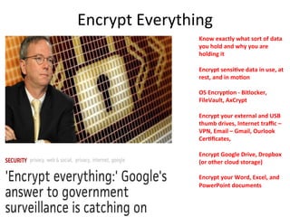 Encrypt 
Everything 
Know 
exactly 
what 
sort 
of 
data 
you 
hold 
and 
why 
you 
are 
holding 
it 
Encrypt 
sensi=ve 
data 
in 
use, 
at 
rest, 
and 
in 
mo=on 
OS 
Encryp=on 
-­‐ 
Bitlocker, 
FileVault, 
AxCrypt 
Encrypt 
your 
external 
and 
USB 
thumb 
drives, 
Internet 
traffic 
– 
VPN, 
Email 
– 
Gmail, 
Ourlook 
Cer=ficates, 
Encrypt 
Google 
Drive, 
Dropbox 
(or 
other 
cloud 
storage) 
Encrypt 
your 
Word, 
Excel, 
and 
PowerPoint 
documents 
 