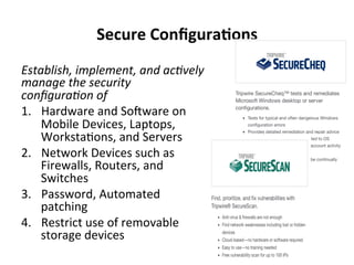 Secure 
Configura=ons 
Establish, 
implement, 
and 
ac1vely 
manage 
the 
security 
configura1on 
of 
1. Hardware 
and 
Sogware 
on 
Mobile 
Devices, 
Laptops, 
Worksta5ons, 
and 
Servers 
2. Network 
Devices 
such 
as 
Firewalls, 
Routers, 
and 
Switches 
3. Password, 
Automated 
patching 
4. Restrict 
use 
of 
removable 
storage 
devices 
 