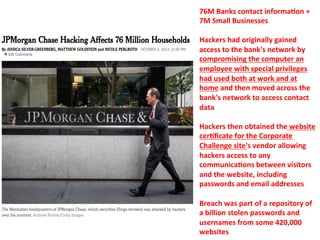 76M 
Banks 
contact 
informa=on 
+ 
7M 
Small 
Businesses 
Hackers 
had 
originally 
gained 
access 
to 
the 
bank's 
network 
by 
compromising 
the 
computer 
an 
employee 
with 
special 
privileges 
had 
used 
both 
at 
work 
and 
at 
home 
and 
then 
moved 
across 
the 
bank's 
network 
to 
access 
contact 
data 
Hackers 
then 
obtained 
the 
website 
cer=ficate 
for 
the 
Corporate 
Challenge 
site's 
vendor 
allowing 
hackers 
access 
to 
any 
communica=ons 
between 
visitors 
and 
the 
website, 
including 
passwords 
and 
email 
addresses 
Breach 
was 
part 
of 
a 
repository 
of 
a 
billion 
stolen 
passwords 
and 
usernames 
from 
some 
420,000 
websites 
 