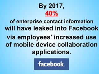 By 2017,  
40%
of enterprise contact information
will have leaked into Facebook
via employees' increased use
of mobile device collaboration
applications.
 