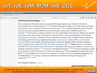 © Igor Falcomatà <ifalcomata@enforcer.it>, alcuni diritti riservati: http://creativecommons.org/licenses/by-sa/2.0/it/deed.it - Pagina 14
IOT: utile di sicuro. Ma sicuro? - Convegno IoT: Opportunità o minaccia? organizzato da ISACA Venice Chapter – 15 mar 2018 - Trento
IoT, IoE, IoM, M2M, IoS, CCS, ..IoT, IoE, IoM, M2M, IoS, CCS, ..
 