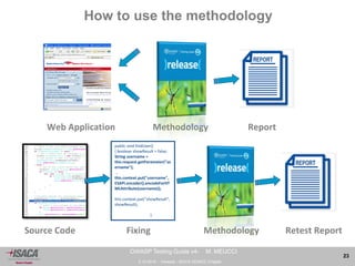3.10.2014 - Venezia - ISACA VENICE Chapter 
23 
OWASP Testing Guide v4- M. MEUCCI 
How to use the methodology 
Web Application Methodology Report 
Source Code Fixing Methodology Retest Report 
public void findUser() 
{ boolean showResult = false; 
String username = 
this.request.getParameter("us 
ername"); 
... 
this.context.put("username", 
ESAPI.encoder().encodeForHT 
MLAttribute(username)); 
this.context.put("showResult", 
showResult); 
} 
 
