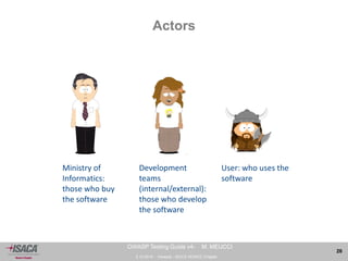 3.10.2014 - Venezia - ISACA VENICE Chapter 
26 
OWASP Testing Guide v4- M. MEUCCI 
Actors 
User: who uses the 
software 
Ministry of 
Informatics: 
those who buy 
the software 
Development 
teams 
(internal/external): 
those who develop 
the software 
 