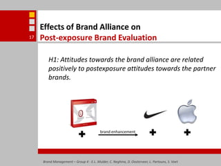 Effects of Brand Alliance on Post-exposure Brand EvaluationH1: Attitudes towards the brand alliance are related positively to postexposure attitudes towards the partner brands.Brand Management – Group 4 - E.L. Mulder, C. Neghina, D. Oosterveer, L. Partouns, S. Voet17brand enhancement
