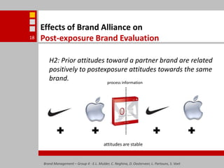 Effects of Brand Alliance on Post-exposure Brand EvaluationH2: Prior attitudes toward a partner brand are related positively to postexposure attitudes towards the same brand.Brand Management – Group 4 - E.L. Mulder, C. Neghina, D. Oosterveer, L. Partouns, S. Voet18process information attitudes are stable