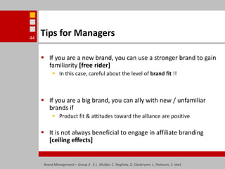 Brand Management – Group 4 - E.L. Mulder, C. Neghina, D. Oosterveer, L. Partouns, S. Voet44Tips for ManagersIf you are a new brand, you can use a stronger brand to gain familiarity [free rider]In this case, careful about the level of brand fit !!If you are a big brand, you can ally with new / unfamiliar brands ifProduct fit & attitudes toward the alliance are positiveIt is not always beneficial to engage in affiliate branding [ceiling effects]