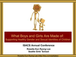 What Boys and Girls Are Made of:
Supporting Healthy Gender and Sexual Identities of Children

ISACS Annual Conference
Rosetta Eun Ryong Lee
Seattle Girls’ School
Rosetta Eun Ryong Lee (http://tiny.cc/rosettalee)

 