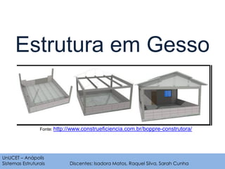 Estrutura em Gesso


                 Fonte: http://www.construeficiencia.com.br/boppre-construtora/




UnUCET – Anápolis
Sistemas Estruturais         Discentes: Isadora Matos, Raquel Silva, Sarah Cunha
 