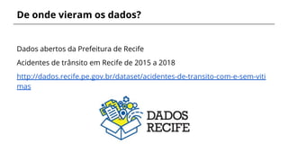 De onde vieram os dados?
Dados abertos da Prefeitura de Recife
Acidentes de trânsito em Recife de 2015 a 2018
http://dados...