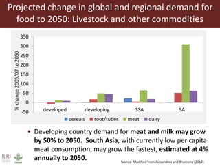 Projected change in global and regional demand for
food to 2050: Livestock and other commodities
-50
0
50
100
150
200
250
300
350
developed developing SSA SA
%change2005/07to2050
cereals root/tuber meat dairy
Source: Modified from Alexandros and Bruinsma (2012)
• Developing country demand for meat and milk may grow
by 50% to 2050. South Asia, with currently low per capita
meat consumption, may grow the fastest, estimated at 4%
annually to 2050.
 