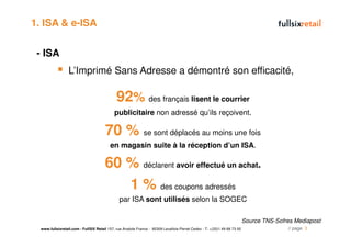 1. ISA & e-ISA


 - ISA
                  L’Imprimé Sans Adresse a démontré son efficacité,

                                              92% des français lisent le courrier
                                            publicitaire non adressé qu’ils reçoivent.

                                       70 % se sont déplacés au moins une fois
                                          en magasin suite à la réception d’un ISA.

                                       60 % déclarent avoir effectué un achat.
                                          1 % des coupons adressés
                                               par ISA sont utilisés selon la SOGEC

                                                                                                                          Source TNS-Sofres Mediapost
  www.fullsixretail.com - FullSIX Retail 157, rue Anatole France - 92309 Levallois-Perret Cedex - T: +(33)1 49 68 73 00                  // page 3
 