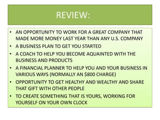 REVIEW:	AN OPPORTUNITY TO WORK FOR A GREAT COMPANY THAT MADE MORE MONEY LAST YEAR THAN ANY U.S. COMPANYA BUSINESS PLAN TO GET YOU STARTEDA COACH TO HELP YOU BECOME AQUAINTED WITH THE BUSINESS AND PRODUCTSA FINANCIAL PLANNER TO HELP YOU AND YOUR BUSINESS IN VARIOUS WAYS (NORMALLY AN $800 CHARGE)OPPORTUNITY TO GET HEALTHY AND WEALTHY AND SHARE THAT GIFT WITH OTHER PEOPLETO CREATE SOMETHING THAT IS YOURS, WORKING FOR YOURSELF ON YOUR OWN CLOCK