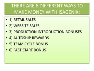 THERE ARE 6 DIFFERENT WAYS TO MAKE MONEY WITH ISAGENIX:1) RETAIL SALES2) WEBSITE SALES3) PRODUCTION INTRODUCTION BONUSES4) AUTOSHIP REWARDS5) TEAM CYCLE BONUS6) FAST START BONUS