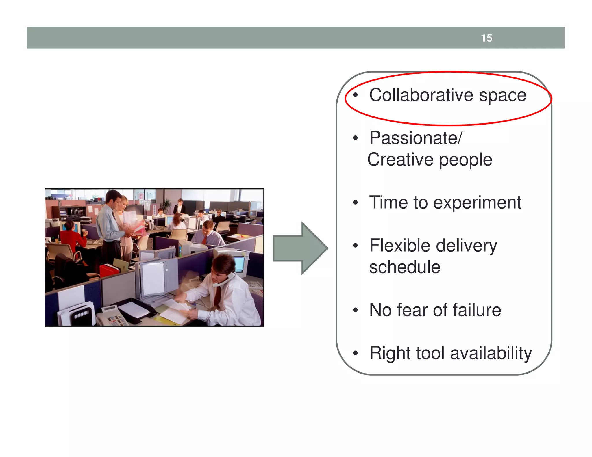 15
• Collaborative space
• Passionate/
Creative people
• Time to experiment
• Flexible delivery
schedule
• No fear of failure
• Right tool availability
 