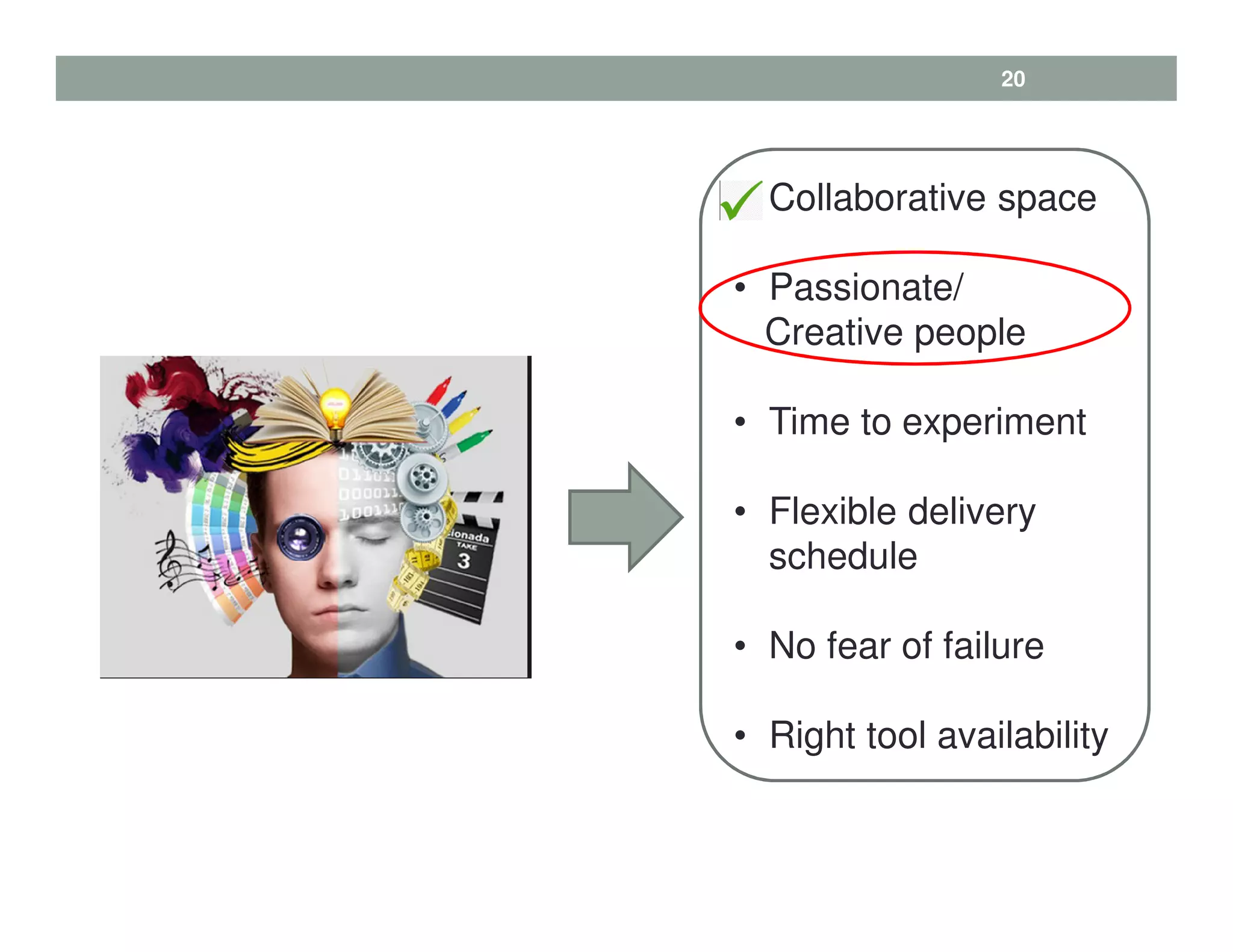 20
• Collaborative space
• Passionate/
Creative people
• Time to experiment
• Flexible delivery
schedule
• No fear of failure
• Right tool availability
 