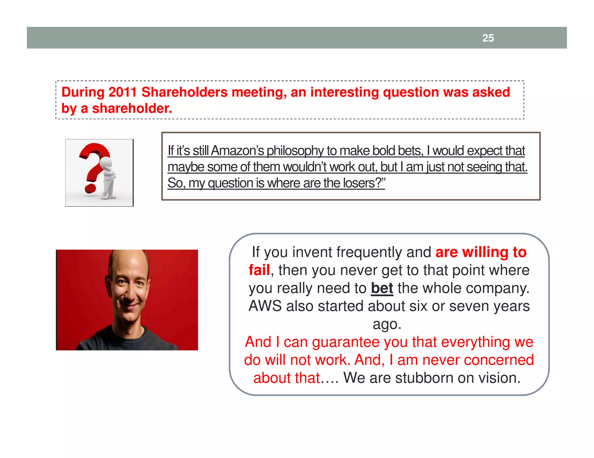If it’s stillAmazon’s philosophy to make bold bets, I would expect that
maybe some of them wouldn’t work out, but I am just not seeing that.
So, my question is where are the losers?”
25
During 2011 Shareholders meeting, an interesting question was asked
by a shareholder.
If you invent frequently and are willing to
fail, then you never get to that point where
you really need to bet the whole company.
AWS also started about six or seven years
ago.
And I can guarantee you that everything we
do will not work. And, I am never concerned
about that…. We are stubborn on vision.
 