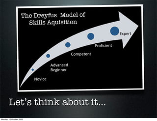 The Dreyfus Model of
                       Skills Aquisition




        Let’s think about it...
Monday, 12 October 2009
 