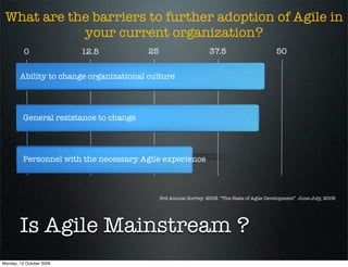 What are the barriers to further adoption of Agile in
            your current organization?
          0               12.5           25                       37.5                       50


        Ability to change organizational culture




         General resistance to change




         Personnel with the necessary Agile experience



                                              3rd Annual Survey: 2008 “The State of Agile Development” June-July, 2008




        Is Agile Mainstream ?
Monday, 12 October 2009
 