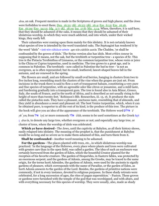 drus, an oak. Frequent mention is made in the Scriptures of groves and high places; and the Jews
were forbidden to erect them; Deu_16:21; 1Ki_16:23; 2Ki_16:4; Eze_6:13; Eze_16:16,
Eze_16:39; Exo_34:13; Jdg_3:7; 1Ki_18:19; Isa_17:8; Mic_5:14. When, therefore, it is said here,
that they should be ashamed of the oaks, it means that they should be ashamed of their
idolatrous worship, to which they were much addicted, and into which, under their wicked
kings, they easily fell.
Their calamities were coming upon them mainly for this idolatry. It is not certainly known
what species of tree is intended by the word translated oaks. The Septuagint has rendered it by
the word “idols” - ᅊπᆵ τራν εᅶδώλων αᆒτራν apo ton eidolon auton. The Chaldee, ‘ye shall be
confounded by the groves of idols.’ The Syriac version also has idols. Most critics concur in
supposing that it means, not the oak, but the terebinth or turpentine tree - a species of fir. This
tree is the Pistacia Terebinthus of Linnaeus, or the common turpentine tree, whose resin or juice
is the China or Cyprus turpentine, used in medicine. The tree grows to a great age, and is
common in Palestine. The terebinth - now called in Palestine the but’m-tree - ‘is not an
evergreen, as is often represented; but its small, leathered, lancet-shaped leaves fall in the
autumn, and are renewed in the spring.
The flowers are small, and are followed by small oval berries, hanging in clusters from two to
five inches long, resembling much the clusters of the vine when the grapes are just set. From
incisions in the trunk there is said to flow a sort of transparent balsam, constituting a very pure
and fine species of turpentine, with an agreeable odor like citron or jessamine, and a mild taste,
and hardening gradually into a transparent gum. The tree is found also in Asia Minor, Greece,
Italy, the south of France, and in the north of Africa, and is described as not usually rising to the
height of more than twenty feet.’ Robinson’s Bib. Researches, iii. 15, 16. It produces the nuts
called the pistachio nuts. They have a pleasant, unctuous taste, resembling that of almonds, and
they yield in abundance a sweet and pleasant oil. The best Venice turpentine, which, when it can
be obtained pure, is superior to all the rest of its kind, is the produce of this tree. The picture in
the book will give you an idea of the appearance of the terebinth. The Hebrew word ‫אילים‬ 'e
ylı ym, from ‫איל‬ 'eyl, or more commonly ‫אלה‬ 'elah, seems to be used sometimes as the Greek δρሞ
ς drus is, to denote any large tree, whether evergreen or not; and especially any large tree, or
cluster of trees, where the worship of idols was celebrated.
Which ye have desired - The Jews, until the captivity at Babylon, as all their history shows,
easily relapsed into idolatry. The meaning of the prophet is, that the punishment at Babylon
would be so long and so severe as to make them ashamed of this, and turn them from it.
Shall be confounded - Another word meaning to be ashamed.
For the gardens - The places planted with trees, etc., in which idolatrous worship was
practiced. ‘In the language of the Hebrews, every place where plants and trees were cultivated
with greater care than in the open field, was called a garden. The idea of such an enclosure was
certainly borrowed from the garden of Eden, which the bountiful Creator planted for the
reception of his favorite creature. The garden of Hesperides, in Eastern fables, was protected by
an enormous serpent; and the gardens of Adonis, among the Greeks, may be traced to the same
origin, for the terms horti Adenides, the gardens of Adonis, were used by the ancients to signify
gardens of pleasure, which corresponds with the name of Paradise, or the garden of Eden, as
horti Adonis answers to the garden of the Lord. Besides, the gardens of primitive nations were
commonly, if not in every instance, devoted to religious purposes. In these shady retreats were
celebrated, for a long succession of ages, the rites of pagan superstition.’ - Paxton. These groves
or gardens were furnished with the temple of the god that was worshipped, and with altars, and
with everything necessary for this species of worship. They were usually, also, made as shady
 