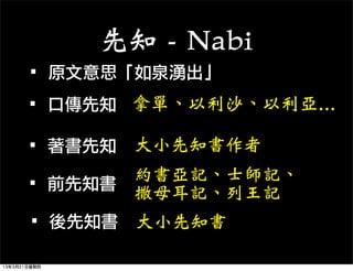 先知 - Nabi
    ·•原文意思「如泉湧出」
    ·•口傳先知 拿單、以利沙、以利亞... 
    ·•著書先知 大小先知書作者 
             約書亞記、士師記、
    ·•前先知書 撒母耳記、列王記
    ·•後先知書	  大小先知書
13年3月21日星期四
 