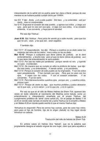12
interpretación de la señal (ot) no podría estar tan clara o literal, porque de esa
manera no se hubiera podido cumplir dicho por YHWH.
Isa 6:9 Y dijo: Anda, y di a este pueblo: Oíd bien, y no entendáis; ved por
cierto, mas no comprendáis.
Isa 6:10 Engruesa el corazón de este pueblo, y agrava sus oídos, y ciega sus
ojos, para que no vea con sus ojos, ni oiga con sus oídos, ni su corazón
entienda, ni se convierta, y haya para él sanidad.
Por eso dijo Yeshua:
Juan 9:39 Dijo Yeshua: Para juicio he venido yo a este mundo; para que los
que no ven, vean, y los que ven, sean cegados.
Y también dijo:
Mat 13:11 El respondiendo, les dijo: Porque a vosotros os es dado saber los
misterios del reino de los cielos; mas a ellos no les es dado.
Mat 13:12 Porque a cualquiera que tiene (obras de justicia), se le dará
(entendimiento), y tendrá más; pero al que no tiene (obras de justicia), aun
lo que tiene (de entendimiento) le será quitado.
Mat 13:13 Por eso les hablo por parábolas: porque viendo no ven, y oyendo
no oyen, ni entienden.
Mat 13:14 De manera que se cumple en ellos la profecía de Isaías, que dijo:
De oído oiréis, y no entenderéis; Y viendo veréis, y no percibiréis.
Mat 13:15 Porque el corazón de este pueblo se ha engrosado, Y con los oídos
oyen pesadamente, Y han cerrado sus ojos; Para que no vean con los
ojos, Y oigan con los oídos, Y con el corazón entiendan, Y se
conviertan, Y yo los sane.
Mat 13:16 Pero bienaventurados vuestros ojos, porque ven; y vuestros oídos,
porque oyen.
Mat 13:17 Porque de cierto os digo, que muchos profetas y justos desearon
ver lo que veis, y no lo vieron; y oír lo que oís, y no lo oyeron.
Por eso es que en el rollo de Mateo Hebreo de Shem Tob, aparece dos
veces en texto referente al nacimiento del Mashiaj como betulá, como un
entendimiento o interpretación enseñada por el propio Yeshua, del
cumplimiento profético de “almá” como señal (ot). En el pasaje de Mateo 1:18
al 25 en donde está narrado el evento tal y como Yeshua se lo enseñó a Mateo
y en Mateo 8:20 en donde quedo escrito lo que el mismo Yeshua dijo:
Yehoshua le respondió: Para los zorros hay cuevas, para las aves hay nidos,
pero para el hijo de hombre, hijo de la virgen (betulá) no hay lugar donde
introducir su cabeza.
Mateo 8:20
Traducción del rollo de hebreo de Shem Tob.
En ambos casos en hebreo dice “betulá”, que es la palabra que
propiamente designa el estado virginal de una mujer, claro que para aquellos a
 