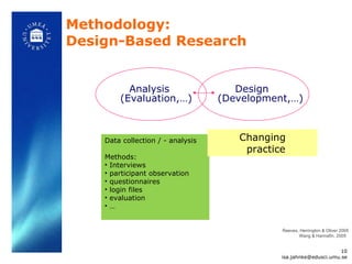 Methodology: Design-Based Research  Reeves, Herrington & Oliver 2005 Wang & Hannafin, 2005  Analysis  (Evaluation,…)  Design  (Development,…) Data collection / - analysis Methods:  Interviews participant observation questionnaires  login files  evaluation  … Changing practice [email_address] 