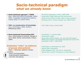 Socio-technical paradigm  what we already know  Socio-technical approach / CSCW (e.g.,  Data/information/Knowledge, Willke 2001; knowledge management systems, Coakes 2002; G. Fischer 2007) CSCL: co-construction of knowledge (e.g., Koschmann, Stahl, Suthers,  Dillenbourg 2003) + Socio-technical Communities/STC  (e.g., Communities of practice, Wenger & et al. 2002; Online communities, Preece, 2000) Analyzing “roles” as patterns of group interactions!  Roles = interaction patterns include.. -position,  -actor ’s activities/tasks,  -implicit/explicit expectations,  -concrete role-playing Workshop organization, France, COOP 2008  Guest editor IJWBC 2009 with Piet Kommers/NL  Jahnke & Koch 2009, E-CSCW, Web 2.0 goes academia Workshop with G. Fischer, Boulder (Co), GROUP 2010 CSCL 2009, Greece; Jahnke 2009 Presentation  in York/UK 2006;  Jahnke 2010, GMW;  Guest Editor IJSKD (Coakes, UK) with Ulbrich/Canada &  Mårtensson/Sweden ( “Knowledge Development and the Net Generation in HE”),  IJSKD 2010 Presentation in Washington DC, 2005 Jahnke 2006, Dissertation  EARLI Budapest 2007, with Jan-W. Strijbos/NL;  Jahnke 2010, Journal  “Computers in Human Behavior” [email_address] 