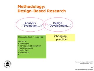 Methodology: Design-Based Research  Reeves, Herrington & Oliver 2005 Wang & Hannafin, 2005  Analysis  (Evaluation,…)  Design  (Development,…) Data collection / - analysis Methods:  Interviews participant observation questionnaires  login files  evaluation  … Changing practice [email_address] 