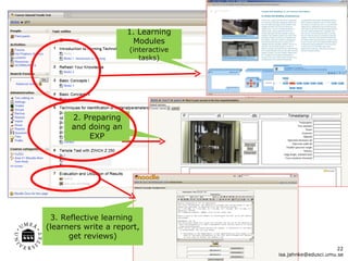 [email_address] 1. Learning Modules  (interactive tasks) 2. Preparing and doing an EXP 3. Reflective learning  (learners write a report, get reviews) 