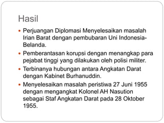Hasil
 Perjuangan Diplomasi Menyelesaikan masalah
Irian Barat dengan pembubaran Uni Indonesia-
Belanda.
 Pemberantasan korupsi dengan menangkap para
pejabat tinggi yang dilakukan oleh polisi militer.
 Terbinanya hubungan antara Angkatan Darat
dengan Kabinet Burhanuddin.
 Menyelesaikan masalah peristiwa 27 Juni 1955
dengan mengangkat Kolonel AH Nasution
sebagai Staf Angkatan Darat pada 28 Oktober
1955.
 
