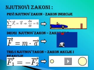 Prvi njutnov zakon - zakon inercije

Drugi Njutnov zakon – zakon sile

Treći Njutnov takon – zakon akcije i
reakcije

 