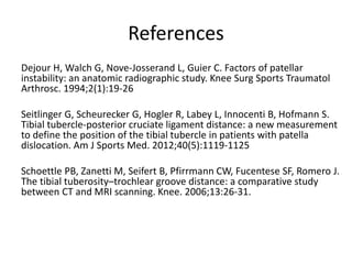 References
Dejour H, Walch G, Nove-Josserand L, Guier C. Factors of patellar
instability: an anatomic radiographic study. Knee Surg Sports Traumatol
Arthrosc. 1994;2(1):19-26
Seitlinger G, Scheurecker G, Hogler R, Labey L, Innocenti B, Hofmann S.
Tibial tubercle-posterior cruciate ligament distance: a new measurement
to define the position of the tibial tubercle in patients with patella
dislocation. Am J Sports Med. 2012;40(5):1119-1125
Schoettle PB, Zanetti M, Seifert B, Pfirrmann CW, Fucentese SF, Romero J.
The tibial tuberosity–trochlear groove distance: a comparative study
between CT and MRI scanning. Knee. 2006;13:26-31.
 