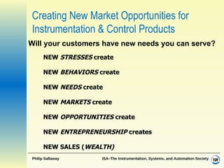 NEW  STRESSES  create  NEW  BEHAVIORS  create  NEW  NEEDS  create  NEW  MARKETS  create  NEW  OPPORTUNITIES  create  NEW  ENTREPRENEURSHIP  creates  NEW SALES ( WEALTH) Will your customers have new needs you can serve? Creating New Market Opportunities for Instrumentation & Control Products 
