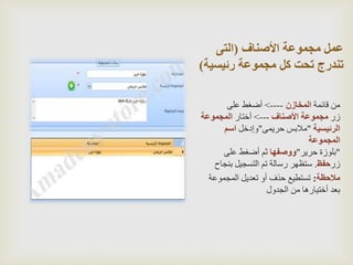 ‫األصناف‬ ‫مجموعة‬ ‫عمل‬(‫التى‬
‫رئيسي‬ ‫مجموعة‬ ‫كل‬ ‫تحت‬ ‫تندرج‬‫ة‬)
‫من‬‫قائمة‬‫المخازن‬---->‫على‬ ‫أضغط‬
‫زر‬‫األصناف‬ ‫مجموعة‬--->‫أختار‬‫المجموعة‬
‫الرئيسية‬"‫حريمى‬ ‫مالبس‬"‫وإدخل‬‫اسم‬
‫المجموعة‬
"‫حرير‬ ‫بلوزة‬"‫ووصفها‬‫على‬ ‫أضغط‬ ‫ثم‬
‫زر‬‫حفظ‬.‫بنجا‬ ‫التسجيل‬ ‫تم‬ ‫رسالة‬ ‫ستظهر‬‫ح‬
‫مالحظة‬:‫المجموعة‬ ‫تعديل‬ ‫أو‬ ‫حذف‬ ‫تستطيع‬
‫الجدول‬ ‫من‬ ‫أختيارها‬ ‫بعد‬
 