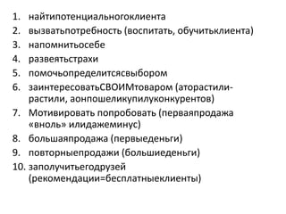 1.  найтипотенциальногоклиента
2.  вызватьпотребность (воспитать, обучитьклиента)
3.  напомнитьосебе
4.  развеятьстрахи
5.  помочьопределитсясвыбором
6.  заинтересоватьСВОИМтоваром (аторастили-
    растили, аонпошеликупилуконкурентов)
7. Мотивировать попробовать (перваяпродажа
    «вноль» илидажеминус)
8. большаяпродажа (первыеденьги)
9. повторныепродажи (большиеденьги)
10. заполучитьегодрузей
    (рекомендации=бесплатныеклиенты)
 