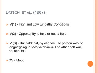 BATSON ET AL. (1987)

   IV(1) - High and Low Empathy Conditions

   IV(2) - Opportunity to help or not to help

   IV (3) - Half told that, by chance, the person was no
    longer going to receive shocks. The other half was
    not told this

   DV - Mood
 