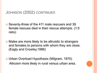 JOHNSON (2002) CONTINUED

   Seventy-three of the 411 male rescuers and 39
    female rescues died in their rescue attempts. (1:5
    ratio)

   Males are more likely to be altruistic to strangers
    and females to persons with whom they are close.
    (Eagly and Crowley,1986)

   Urban Overload Hypothesis (Milgram, 1970)
    Altruism more likely in rural versus urban area.
 