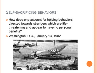 SELF-SACRIFICING BEHAVIORS
 How does one account for helping behaviors
  directed towards strangers which are life-
  threatening and appear to have no personal
  benefits?
 Washington, D.C., January 13, 1982
 