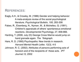 REFERENCES:
Eagly, A.H., & Crowley, M. (1986) Gender and helping behavior:
          A meta-analysis review of the social psychological
          literature. Psychological Bulletin, 100, 283-308
Fabes, R., Eisenberg, N., Nyman, M., & Michelieu, Q. (1991).
          Children's appraisals of others„ spontaneous emotional
          reactions. Developmental Psychology, 27, 858-866.
Harding, T. (2008, July 23) George Cross Marine would jump on
          hand grenade again. The Telegraph.
Hare, R. D. (1995) Psychopaths: New trends in research.
          Harvard Mental Health Letter, 12(3), 4-5
Johnson, R. C. (2002). Attributes of persons performing acts of
          heroism and of the recipients of these acts. IPT
          Journal,12, 2002
 