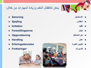 ‫خالل‬ ‫من‬ ‫المهارات‬ ‫وزيادة‬ ‫التعلم‬ ‫لألطفال‬ ‫يمكن‬
:
● Sansning
● Spejling
● Imitation
● Forestillingsevne
● Opgaveløsning
● Handling
● Erfaringsdannelse
● Forklaringer
●
‫االستشعار‬
●
‫انعكاس‬
●
‫تقليد‬
●
‫خيال‬
●
‫المشاكل‬ ‫حل‬
●
‫عمل‬
●
‫الخبرة‬ ‫تكوين‬
●
‫تفسيرات‬
 