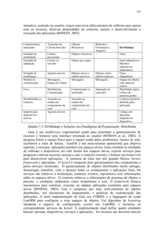 126
interativo, centrado no usuário, requer uma nova infra-estrutura de software para operar
com os recursos, observar propriedades do contexto, assistir o desenvolvimento e
execução das aplicações (ROMAN, 2003).
Características
analisadas
Variações do
Cliente-Servidor
Objetos
Relocáveis
Reflexão e
Orientação a
Aspectos
ISAMadapt
Entidade de
mobilidade
Cliente,
procurador
Objetos relocáveis - Entes
Entidade de
adaptação
Cliente ou
servidor
Objeto que migra - Entes adaptativos,
Métodos
adaptativos,
adaptadores
Entidade de
modelagem
Agentes móveis Objetos ativos e
objetos passivos
Objetos, meta-
objetos/aspectos
Entes,
adaptadores
Modelo de
comunicação
Mensagem ,
Espaço de Tuplas
Mensagem Mensagem Espaço de objetos
com natureza
reativa
Foco Distribuição,
Comunicação
Comunicação co-
localizada
Separação de
conceitos
Mobilidade lógica
e física de
natureza global
Sensibilidade ao
contexto
Variação no
estado dos
componentes da
rede
Variação no
estado dos
componentes da
rede
- Contexto genérico,
definido pela
aplicação
Suporte para
dispositivos
móveis
Agentes móveis - - Código sob
demanda,
adaptado ao
dispositivo
Quadro 7.3: ISAMadapt x Soluções nos Paradigmas de Programação Distribuída
Gaia é um middleware experimental usado para prototipar o gerenciamento de
recursos e fornecer uma interface orientada ao usuário (ROMAN et al., 2002). A
pesquisa limita o espaço físico para o espaço usado pelos professores: classes de aula,
escritórios e salas de leitura. GaiaOS é um meta-sistema operacional que objetiva
suportar, e executar, aplicações portáteis em espaços ativos. Gaia coordena as entidades
de software e dispositivos em rede dentro dos espaços ativos, exporta serviços para
pesquisar e utilizar recursos, acessar e usar o contexto corrente, e fornece um framework
para desenvolver aplicações. A estrutura de Gaia tem três grandes blocos: kernel,
framework e aplicações. O kernel é composto pelo gerenciamento dos componentes e
pelos serviços fornecidos. O gerenciamento de objetos distribuídos inclui carregar,
descarregar, transferir, criar e destruir todos os componentes e aplicações Gaia. Os
serviços são relativos à localização, contexto, eventos, repositórios com informações
sobre os espaços ativos. O contexto refere-se a informações de presença de objetos e
pessoas, e condições ambientais como temperatura e som. O framework fornece
mecanismos para construir, executar ou adaptar aplicações existentes para espaços
ativos (ROMAN, 2003). Este é composto por uma infra-estrutura de objetos
distribuídos, um mecanismo de mapeamento, e políticas de customização das
aplicações. A atual implementação de Gaia usa CORBA e a linguagem de script
LuaORB para configurar e criar espaços de objetos. Um algoritmo de bootstrap
interpreta o arquivo de configuração, escrito em LuaORB, e inicializa os
correspondentes serviços do kernel. A implementação atual define quatro entidades
básicas: pessoas, dispositivos, serviços e aplicações. Os recursos são descritos através
 