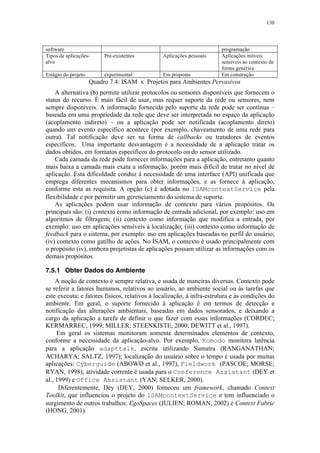 130
software programação
Tipos de aplicações-
alvo
Pré-existentes Aplicações pessoais Aplicações móveis
sensíveis ao contexto de
forma genérica
Estágio do projeto experimental Em proposta Em construção
Quadro 7.4: ISAM x Projetos para Ambientes Pervasivos
A alternativa (b) permite utilizar protocolos ou sensores disponíveis que fornecem o
status do recurso. É mais fácil de usar, mas requer suporte da rede ou sensores, nem
sempre disponíveis. A informação fornecida pelo suporte da rede pode ser contínua –
baseada em uma propriedade da rede que deve ser interpretada no espaço da aplicação
(acoplamento indireto) – ou a aplicação pode ser notificada (acoplamento direto)
quando um evento específico acontece (por exemplo, chaveamento de uma rede para
outra). Tal notificação deve ser na forma de callbacks ou tratadores de eventos
específicos. Uma importante desvantagem é a necessidade de a aplicação tratar os
dados obtidos, em formatos específicos do protocolo ou do sensor utilizado.
Cada camada da rede pode fornecer informações para a aplicação, entretanto quanto
mais baixa a camada mais exata a informação, porém mais difícil de tratar no nível de
aplicação. Esta dificuldade conduz à necessidade de uma interface (API) unificada que
emprega diferentes mecanismos para obter informações, e as fornece à aplicação,
conforme esta as requisita. A opção (c) é adotada no ISAMcontextService pela
flexibilidade e por permitir um gerenciamento do sistema de suporte.
As aplicações podem usar informação de contexto para vários propósitos. Os
principais são: (i) contexto como informação de entrada adicional, por exemplo: uso em
algoritmos de filtragem; (ii) contexto como informação que modifica a entrada, por
exemplo: uso em aplicações sensíveis à localização; (iii) contexto como informação de
feedback para o sistema, por exemplo: uso em aplicações baseadas no perfil do usuário;
(iv) contexto como gatilho de ações. No ISAM, o contexto é usado principalmente com
o propósito (iv), embora projetistas de aplicações possam utilizar as informações com os
demais propósitos.
7.5.1 Obter Dados do Ambiente
A noção de contexto é sempre relativa, e usada de maneiras diversas. Contexto pode
se referir a fatores humanos, relativos ao usuário, ao ambiente social ou às tarefas que
este executa; e fatores físicos, relativos à localização, à infra-estrutura e às condições do
ambiente. Em geral, o suporte fornecido à aplicação é em termos de detecção e
notificação das alterações ambientais, baseadas em dados sensorados, e deixando a
cargo da aplicação a tarefa de definir o que fazer com essas informações (CORDEC;
KERMARREC, 1999; MILLER; STEENKISTE, 2000; DEWITT et al., 1997).
Em geral os sistemas monitoram somente determinados elementos de contexto,
conforme a necessidade da aplicação-alvo. Por exemplo, Komodo monitora latência
para a aplicação adapttalk, escrita utilizando Sumatra (RANGANATHAN;
ACHARYA; SALTZ, 1997); localização do usuário sobre o tempo é usada por muitas
aplicações: Cyberguide (ABOWD et al., 1997), Fieldwork (PASCOE; MORSE;
RYAN, 1998); atividade corrente é usada para o Conference Assistant (DEY et
al., 1999) e Office Assistant (YAN; SELKER, 2000).
Diferentemente, Dey (DEY, 2000) forneceu um framework, chamado Context
Toolkit, que influenciou o projeto do ISAMcontextService e tem influenciado o
surgimento de outros trabalhos: EgoSpaces (JULIEN; ROMAN, 2002) e Context Fabric
(HONG, 2001).
 