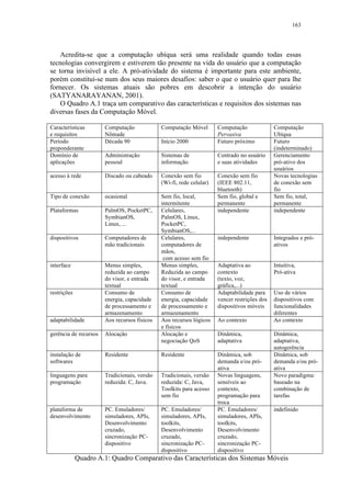 163
Acredita-se que a computação ubíqua será uma realidade quando todas essas
tecnologias convergirem e estiverem tão presente na vida do usuário que a computação
se torna invisível a ele. A pró-atividade do sistema é importante para este ambiente,
porém constitui-se num dos seus maiores desafios: saber o que o usuário quer para lhe
fornecer. Os sistemas atuais são pobres em descobrir a intenção do usuário
(SATYANARAYANAN, 2001).
O Quadro A.1 traça um comparativo das características e requisitos dos sistemas nas
diversas fases da Computação Móvel.
Características
e requisitos
Computação
Nômade
Computação Móvel Computação
Pervasiva
Computação
Ubíqua
Período
preponderante
Década 90 Início 2000 Futuro próximo Futuro
(indeterminado)
Domínio de
aplicações
Administração
pessoal
Sistemas de
informação
Centrado no usuário
e suas atividades
Gerenciamento
pró-ativo dos
usuários
acesso à rede Discado ou cabeado Conexão sem fio
(Wi-fi, rede celular)
Conexão sem fio
(IEEE 802.11,
bluetooth)
Novas tecnologias
de conexão sem
fio
Tipo de conexão ocasional Sem fio, local,
intermitente
Sem fio, global e
permanente
Sem fio, total,
permanente
Plataformas PalmOS, PocketPC,
SymbianOS,
Linux, ...
Celulares,
PalmOS, Linux,
PocketPC,
SymbianOS,...
independente independente
dispositivos Computadores de
mão tradicionais
Celulares,
computadores de
mãos,
com acesso sem fio
independente Integrados e pró-
ativos
interface Menus simples,
reduzida ao campo
do visor, e entrada
textual
Menus simples,
Reduzida ao campo
do visor, e entrada
textual
Adaptativa ao
contexto
(texto, voz,
gráfica,...)
Intuitiva,
Pró-ativa
restrições Consumo de
energia, capacidade
de processamento e
armazenamento
Consumo de
energia, capacidade
de processamento e
armazenamento
Adaptabilidade para
vencer restrições dos
dispositivos móveis
Uso de vários
dispositivos com
funcionalidades
diferentes
adaptabilidade Aos recursos físicos Aos recursos lógicos
e físicos
Ao contexto Ao contexto
gerência de recursos Alocação Alocação e
negociação QoS
Dinâmica,
adaptativa
Dinâmica,
adaptativa,
autogerência
instalação de
softwares
Residente Residente Dinâmica, sob
demanda e/ou pró-
ativa
Dinâmica, sob
demanda e/ou pró-
ativa
linguagens para
programação
Tradicionais, versão
reduzida: C, Java.
Tradicionais, versão
reduzida: C, Java,
Toolkits para acesso
sem fio
Novas linguagens,
sensíveis ao
contexto,
programação para
troca
Novo paradigma:
baseado na
combinação de
tarefas
plataforma de
desenvolvimento
PC. Emuladores/
simuladores, APIs,
Desenvolvimento
cruzado,
sincronização PC-
dispositivo
PC. Emuladores/
simuladores, APIs,
toolkits,
Desenvolvimento
cruzado,
sincronização PC-
dispositivo
PC. Emuladores/
simuladores, APIs,
toolkits,
Desenvolvimento
cruzado,
sincronização PC-
dispositivo
indefinido
Quadro A.1: Quadro Comparativo das Características dos Sistemas Móveis
 