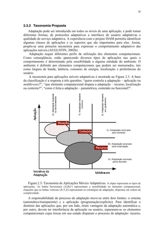 30
2.3.2 Taxonomia Proposta
Adaptação pode ser introduzida em todos os níveis de uma aplicação, e pode tomar
diferentes formas, de protocolos adaptativos a interfaces de usuário adaptativas e
qualidade de serviço adaptativa. A experiência com o projeto ISAM permitiu identificar
algumas classes de aplicações e os aspectos que são importantes para elas. Assim,
propôs-se uma primeira taxonomia para expressar o comportamento adaptativo das
aplicações móveis (AUGUSTIN, 2002b).
Adaptação requer diferentes perfis de utilização dos elementos computacionais.
Como conseqüência, estão aparecendo diversos tipos de aplicações nas quais o
comportamento é determinado pela sensibilidade a alguma entidade do ambiente. O
ambiente é definido por elementos computacionais que podem ser mensurados, tais
como largura de banda, latência, consumo de energia, localização e preferências do
usuário.
A taxonomia para aplicações móveis adaptativas é mostrada na Figura 2.3. A base
da classificação é a resposta a três questões: “quem controla a adaptação – aplicação ou
middleware?”, “que elemento computacional dispara a adaptação – recurso, localização
ou contexto?”, “como é feita a adaptação – paramétrica, conteúdo ou funcional?”.
Figura 2.3: Taxonomia de Aplicações Móveis Adaptativas. A elipse representa os tipos de
aplicações. As linhas horizontais (A,B,C) representam a sensibilidade ao elemento computacional,
enquanto que as linhas verticais (X,Y,Z) representam as estratégias de adaptação, dispostas em ordem de
complexidade.
A responsabilidade do processo de adaptação move-se entre dois limites: o sistema
(automático/transparente) e a aplicação (programação/explícito). Para identificar o
domínio das aplicações que, por um lado, tiram vantagem da adaptação automática e,
por outro, devem ter interferência da aplicação ou usuário, separaram-se os elementos
computacionais cujas trocas em seu estado disparam o processo de adaptação: recurso,
 