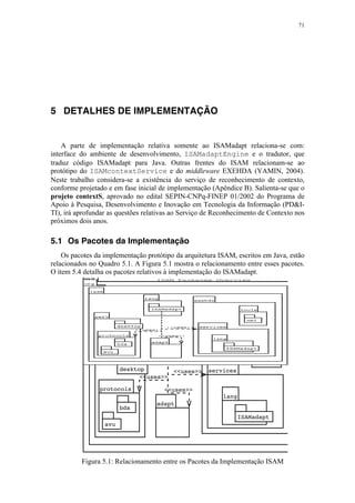 71
5 DETALHES DE IMPLEMENTAÇÃO
A parte de implementação relativa somente ao ISAMadapt relaciona-se com:
interface do ambiente de desenvolvimento, ISAMadaptEngine e o tradutor, que
traduz código ISAMadapt para Java. Outras frentes do ISAM relacionam-se ao
protótipo do ISAMcontextService e do middleware EXEHDA (YAMIN, 2004).
Neste trabalho considera-se a existência do serviço de reconhecimento de contexto,
conforme projetado e em fase inicial de implementação (Apêndice B). Salienta-se que o
projeto contextS, aprovado no edital SEPIN-CNPq-FINEP 01/2002 do Programa de
Apoio à Pesquisa, Desenvolvimento e Inovação em Tecnologia da Informação (PD&I-
TI), irá aprofundar as questões relativas ao Serviço de Reconhecimento de Contexto nos
próximos dois anos.
5.1 Os Pacotes da Implementação
Os pacotes da implementação protótipo da arquitetura ISAM, escritos em Java, estão
relacionados no Quadro 5.1. A Figura 5.1 mostra o relacionamento entre esses pacotes.
O item 5.4 detalha os pacotes relativos à implementação do ISAMadapt.
Figura 5.1: Relacionamento entre os Pacotes da Implementação ISAM
org
isam
adapt
exehda
services
lang
ISAMadapt
lang
ISAMadapt tools
ami
perv
desktop
protocols
bda
avu
<<uses>>
<<uses>>
<<uses>>
ISAM Packages Overview
 