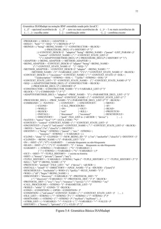 77
Gramática ISAMadapt na notação BNF estendida usada pelo JavaCC:
(...)? - opcional ocorrência de (...)* - zero ou mais ocorrências de (...)+ - 1 ou mais ocorrências de
(... | ...) - escolha entre [...] - combinação entre ~[...] - combina exceto
<PROGRAM>: ( <HOLO> | <ADAPTER> )
<HOLO>: "holo" "{" <SEQ> "}" (<BEINGS>)* "}"
<BEINGS>: ( "being" <BEING_NAME> "{" <CONSTRUCTOR> <BLOCK>
(<PROCEDURE_DECL>)* (<HISTORY>)* "}"
| (<CONTEXT_DESCR>)? "adaptive" "being" <BEING_NAME> ("param" <LIST_PARAM>;)?
"context" <CONTEXT_NAME> ( "::" <CONTEXT_STATE_LIST>)?
"{" (<ADAPTIVEMETHOD_DECL>)* (<PROCEDURE_DECL)* (<HISTORY>)* "}")
<ADAPTER>: (<BEING_ADAPTER> | <METHOD_ADAPTER> )
<BEING_ADAPTER>: <CONTEXT_DESCR>)? "adapter" "being" <BEING_NAME>
("::"<CONTEXT_STATE_NAME>)? "{" <SEQ> "}"
<METHOD_ADAPTER>: <CONTEXT_DESCR>)? "adapter" <BEING_NAME> "."
<METHOD_NAME> ("(" <VARIABLE_LIST> ")")? ("::"<CONTEXT_STATE_NAME>)? <BLOCK>
<CONTEXT_DESCR>: ( "//@context:" <CONTEXT_NAME> ( "::" <CONTEXT_STATE>)? <EOL> |
"//@description:" <STRING> <EOL> | "//@file:" <STRING> <EOL> )*
<CONTEXT_STATE_LIST>: "(" <CONTEXT_STATE_NAME> ("," <CONTEXT_STATE_NAME>)* ")"
<SEQ>: (<ADAPTIVEMETHOD_DECL>)* <CONSTRUCTOR> <BLOCK>
(<PROCEDURE_DECL>)* (<HISTORY>)*
<CONSTRUCTOR>: <CONSTRUCTOR_NAME> "(" (<VARIABLE_LIST>)? ")"
<BLOCK>: "{" (<COMMAND> ";" )* "}"
<ADAPTIVEMETHOD_DECL>: "adaptive" <PROC_NAME> "(" ( <PARAMETER_DECL_LIST> )? ")"
"context" <CONTEXT_NAME> ("::" <CONTEXT_STATE_LIST>)? ";"
<PROCEDURE_DECL>: <PROC_NAME> "(" (<PARAMETER_DECL_LIST>)* ")" <BLOCK>
<COMMAND>: ( <NATIVE> | <CONTEXT> | <ONCONTEXT> | <MOVE>
| <CLONE> | <CALL_PROCEDURE> | <IF>
| <WHILE> | <IN> | <OUT> | <READ>
| <BLOCK> | “exit” | <KILL> | <PREFETCH>
| <INSTALL> | "disconnect" | "reconnect" | <RESCHEDULE>
| <DISCOVERY> | “push” FILE_LIST to (<idUSER> | “device” ) | ... )
<NATIVE>: "native" "Java" "{*" <JAVA_CODE> "*}"
<CONTEXT>: "context" <CONTEXT_NAME> ("::" <CONTEXT_STATE_LIST> )?
<ONCONTEXT>: ("sync")? "onContext" <CONTEXT_NAME> ( "::" <CONTEXT_STATE_LIST>)? <BLOCK>
<MOVE>: "move" ("to" | "closeTo" ) <DESTINY>
<DESTINY>:: ( "being:" <STRING> | "parent" | “env:” <STRING> |
"resource:” <STRING> | <VARIABLE> ) )
<CLONE>: "clone" "(" <CLONED> "," <NEW_BEING_ID> ")" ( ("on" | "anchorOn" | "closeTo" ) <DESTINY> )?
<CLONED>: <BEING_NAME> ( "(" <PARAM_LIST> ")")?
<IN>: <HIST> ("#" | "#?") <GABARIT> // retirada bloqueante ou não-bloqueante
<READ>: <HIST> ("." | ".?") "(" <GABARIT> ")" // leitura bloqueante ou não-bloqueante
<GABARIT>: ( <STRING> | <VARIABLE> | "%" <VARIABLE> )
( "," (<STRING> | <VARIABLE> | "%" <VARIABLE> ) )*
<OUT>: <HIST> "!" <TUPLE_HISTORY> // escrita na história
<HIST>: ( "history" | "private" | "parent" | "any")
<TUPLE_HISTORY>: <VARIABLE> | STRING | "tuple (" <TUPLE_HISTORY> ( "," <TUPLE_HISTORY> )* ")"
<KILL>: "kill" "(" (BEING_NAME> )? ")"
<PREFETCH>: “prefetch” <FILE_LIST> “to” (“device” | <idUSER> )
<INSTALL>: "install" "(" <DIRECTORY> <APLIC_NAME> ")" at <IDUSER> ("[start]")?
<RESCHEDULE>: "reschedule" ( <WHO>)? ( "(policy:" <RULE_NAME> ")" )?
<WHO>: ( "all" | "begin:"<BEING_NAME> )
<DISCOVERY>: "discovery" <VARIABLE> "(" <PROTOCOL_DEF> ")"
( "," "discovery" <VARIABLE> "(" <PROTOCOL_DEF> ")" )* <BLOCK>
<PROTOCOL_DEF>: ( "avu:" | "ava:" | "resource:" | "service:" ) "//" <STRING> ".rsc"
<CALL_PROCEDURE>: <STRING> "(" <PARAMETER_LIST> ")"
<WHILE>: "while" "(" <COND> ")" <BLOCK>
<COND>: <CONDITION> ( <OPER> <CONDITION> )*
<CONDITION>: ( "onContext" <CONTEXT_NAME> ( "::" <CONTEXT_STATE_LIST> )? | .... )
<FILE_LIST>: <STRING> ( "/" <STRING> )* ( "," <STRING> ( "/" <STRING> )* )*
<HOSTNAME>: ( <STRING> ("." <STRING> )* | "myHost" | "myHome" | ...)
<ATRIB_LIST>: ( <VARIABLE> "=" <VALUE> ( "," <VARIABLE> "=" <VALUE> )*
<HISTORY>: ( "history" | "(private)" ) "{" ( <CLEI> )* "}"
Figura 5.4: Gramática Básica ISAMadapt
 