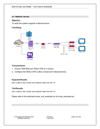 ISAM FD VDSL VECTORING - TEST PLAN & PROCEDURE
© Copyright 2014 Alcatel-Lucent
All Rights Reserved.
Revision 1
1 June 2015
[Page 12 of 29]
3.2 Multicast Service
Objective
To verify the system supports multicast service.
Test Setup
Test procedure
1. Ensure 7356 REM and VDSL2 CPE is in service.
2. Configure the VDSL2 CPE to allow unicast and multicast service.
Expected Results
User is able to view unicast and multicast video from the TV.
Test Results
User is able to view unicast and multicast video from the TV.
Please refer to the wireshark traces, vod_wireshark.rar & mcast_wireshark.rar.
 